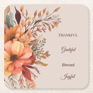 Thankful Grategul Blessed Floral Thanksgiving Square Paper Coaster