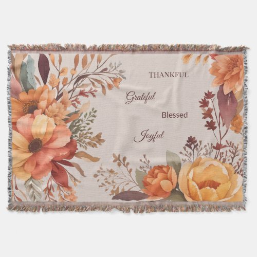 Thankful Grategul Blessed Floral Thanksgiving  Throw Blanket