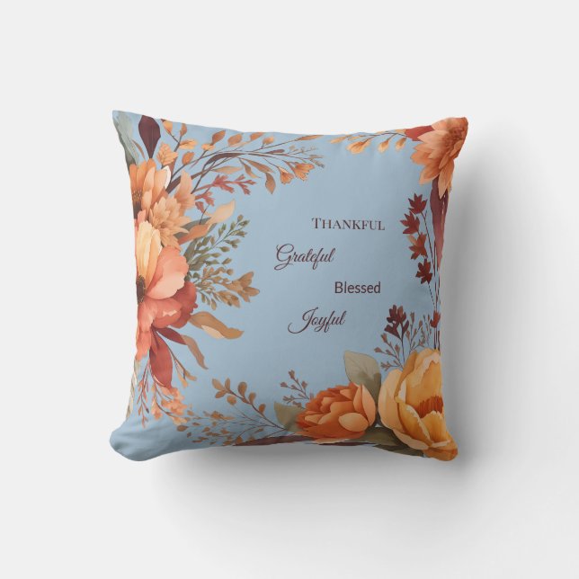 Thankful Grategul Blessed Floral Thanksgiving  Throw Pillow (Front)