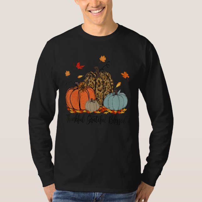 Thankful Greatful Blessed Leopard Pumpkin  Thanksg T-Shirt (Front)