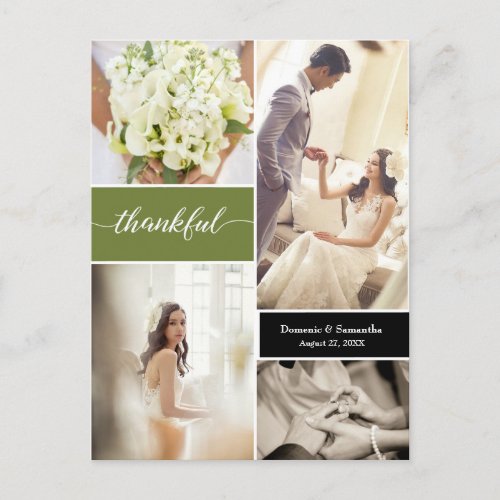 Thankful Green Custom Wedding Photo collage Postcard