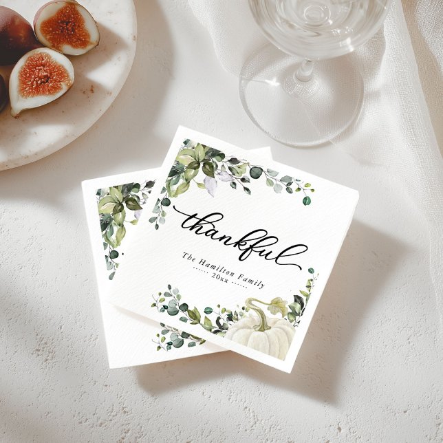 Thankful Greenery Pumpkin Thanksgiving Dinner Napkins (Creator Uploaded)