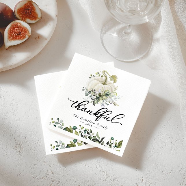 Thankful Greenery White Pumpkin Thanksgiving Napkins (Creator Uploaded)