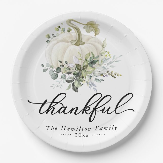 Thankful Greenery White Pumpkin Thanksgiving Paper Plates (Front)