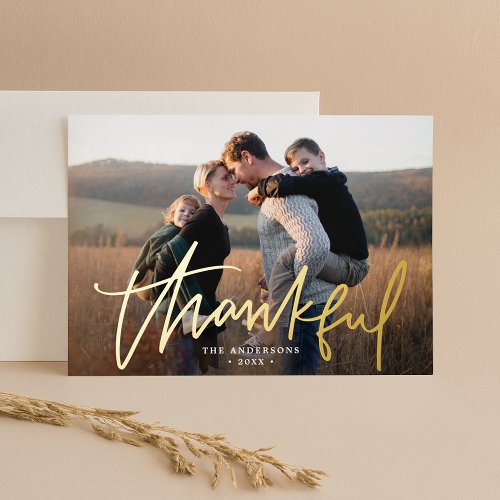 Thankful Hand_Lettered Script Photo Thanksgiving Foil Holiday Card