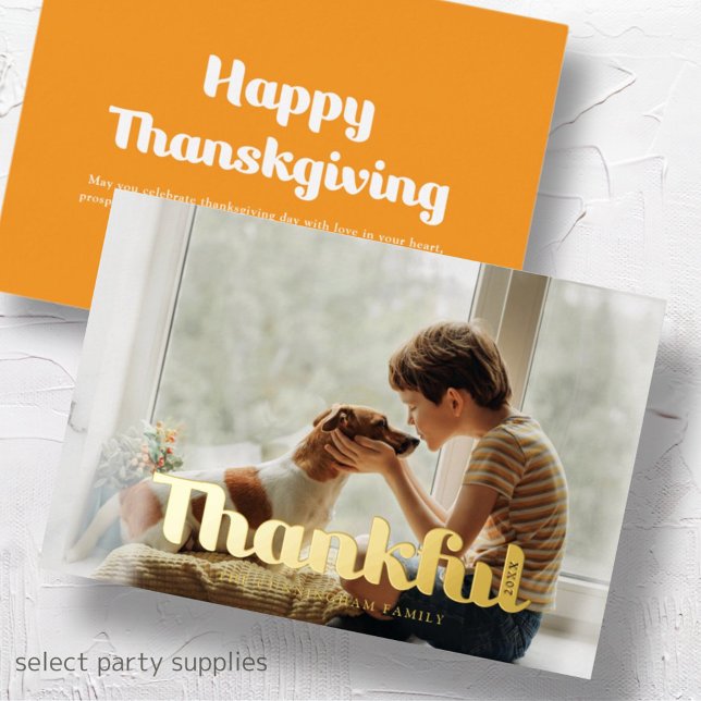 Thankful Happy Thanksgiving Modern Simple Photo Foil Holiday Card (Creator Uploaded)