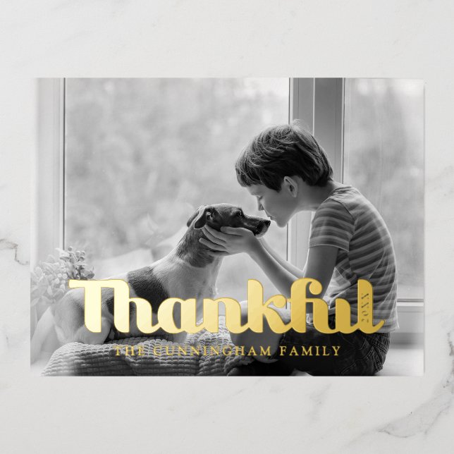 Thankful Happy Thanksgiving Modern Simple Photo Foil Holiday Postcard (Front)