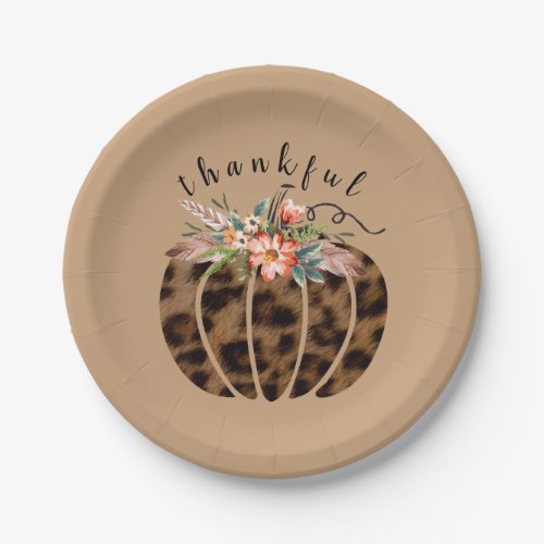 Thankful Leopard Print Pumpkin Boho Fall Autumn Paper Plates