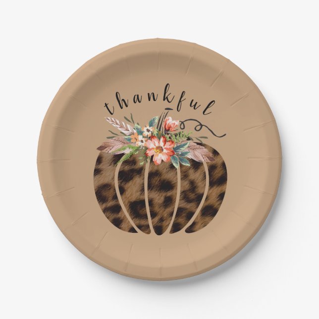 Thankful Leopard Print Pumpkin Boho Fall Autumn Paper Plates (Front)