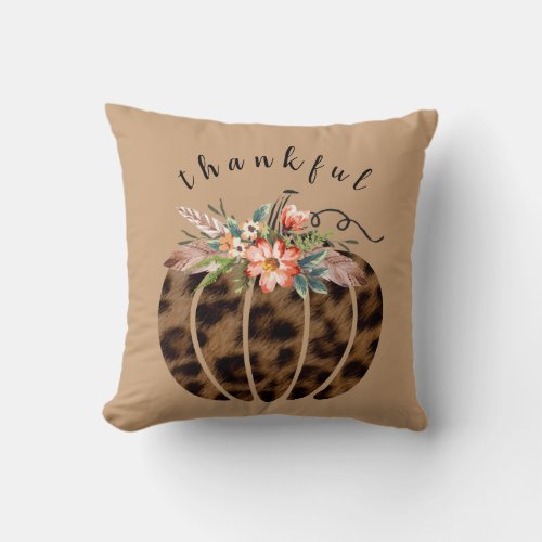 Thankful Leopard Print Pumpkin Boho Fall Autumn Throw Pillow