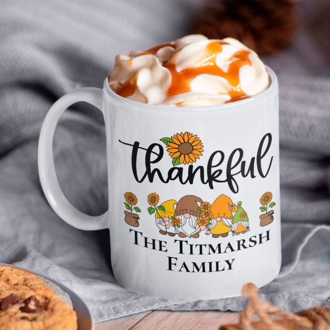 Thankful little sunflower gnome family coffee mug (thankful family mug)