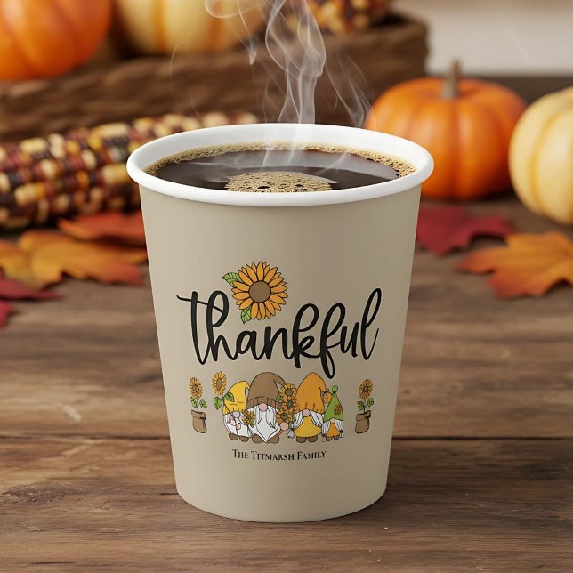 Thankful little sunflower gnome family paper cups (thankful paper cups)