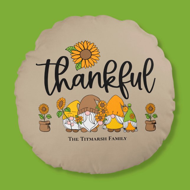Thankful little sunflower gnome family round pillow (Creator Uploaded)