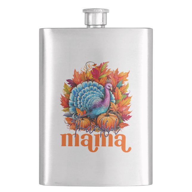 Thankful Mama Turkey and Autumn Leaves Foliage Flask (Front)