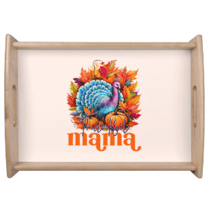 Thankful Mama Turkey and Autumn Leaves Foliage Serving Tray