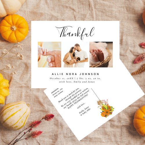 Thankful Minimal Photo Collage Fall Baby Thank You Holiday Postcard