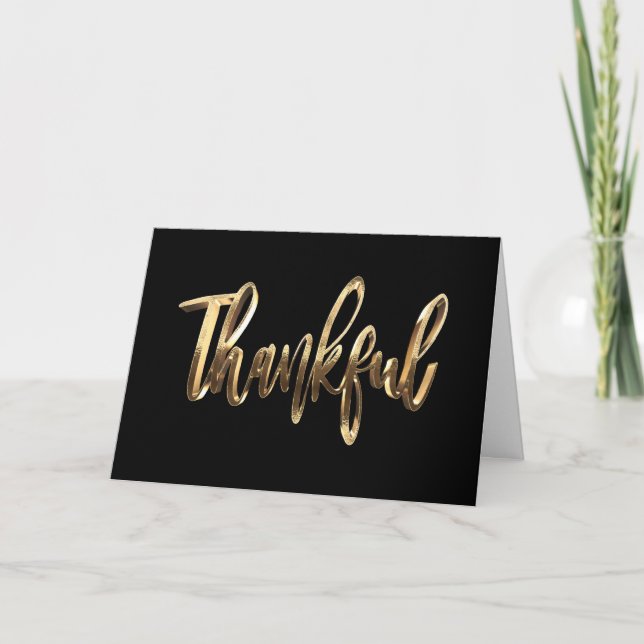 Thankful Modern Black and Gold Script Thanksgiving Card (Front)