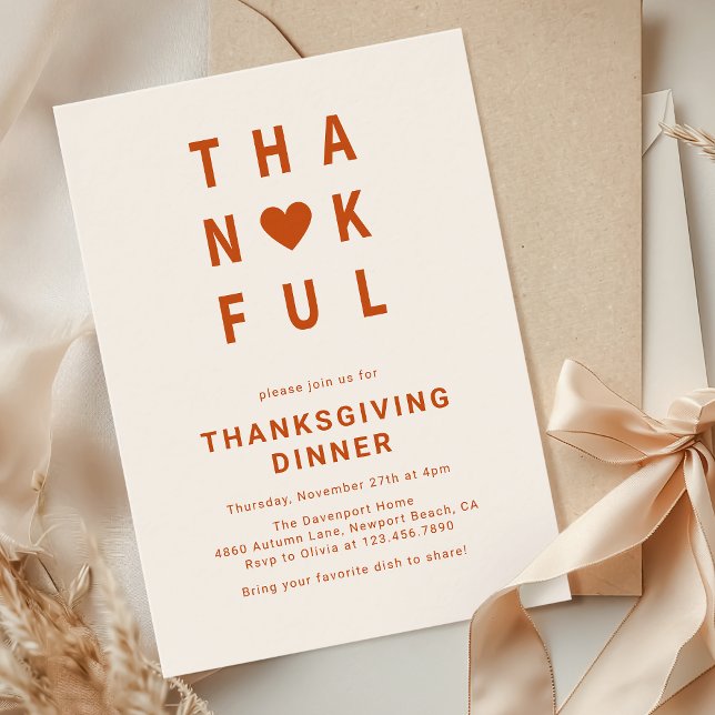 Thankful Modern Minimalist Thanksgiving Dinner Invitation (Creator Uploaded)