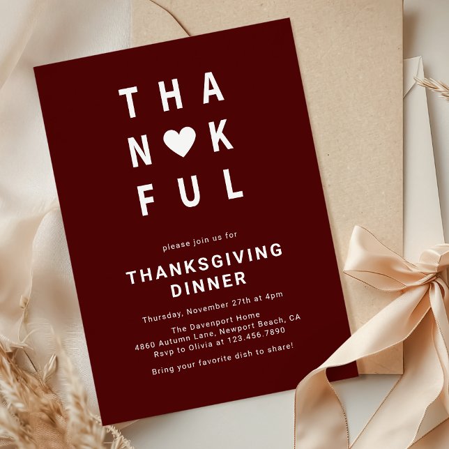 Thankful Modern Minimalist Thanksgiving Dinner Invitation (Creator Uploaded)