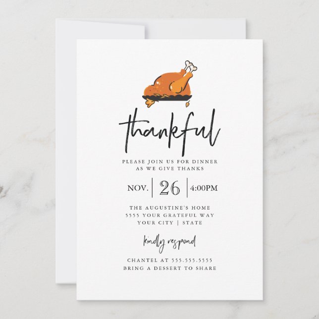 Thankful Modern Thanksgiving Dinner Invitation (Front)