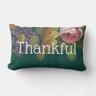 Thankful Modern Vintage Flowers on Emerald Green Lumbar Pillow