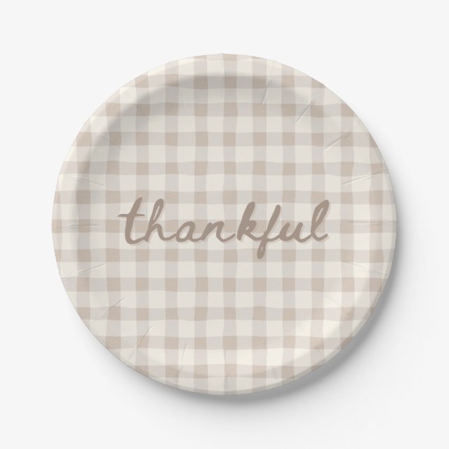 Thankful Neutral Tan Gingham  Paper Plates (Front)