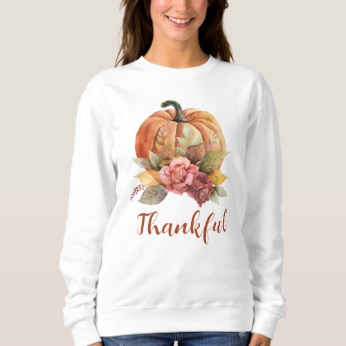 Thankful Orange Pumpkin Autumn Floral Thanksgiving Sweatshirt