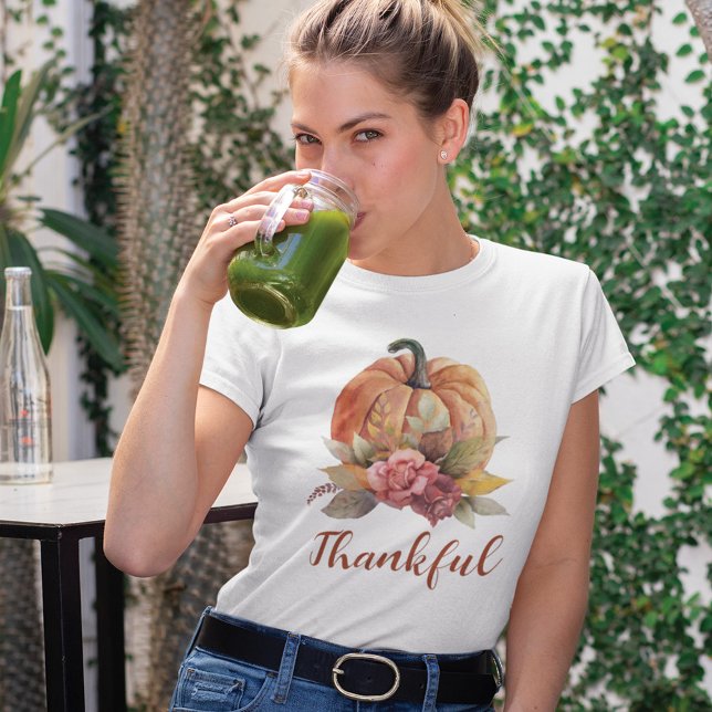Thankful Orange Pumpkin Autumn Floral Thanksgiving T-Shirt (Thankful Orange Pumpkin Thanksgiving Women T-Shirt)