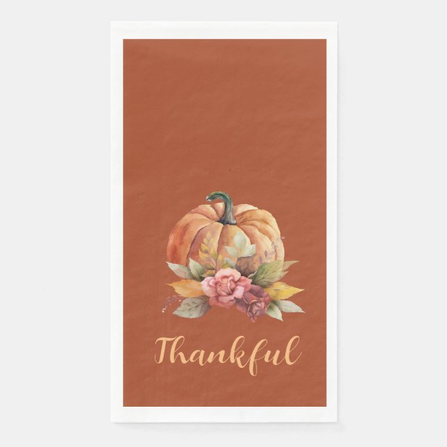 Thankful Orange Pumpkin Fall Autumn Thanksgiving Paper Guest Towels (Front)