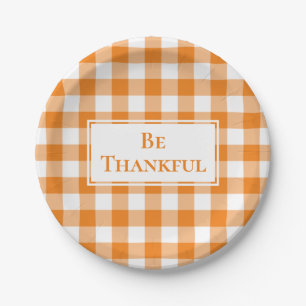 Thankful Orange White Gingham Plaid Thanksgiving Paper Plates