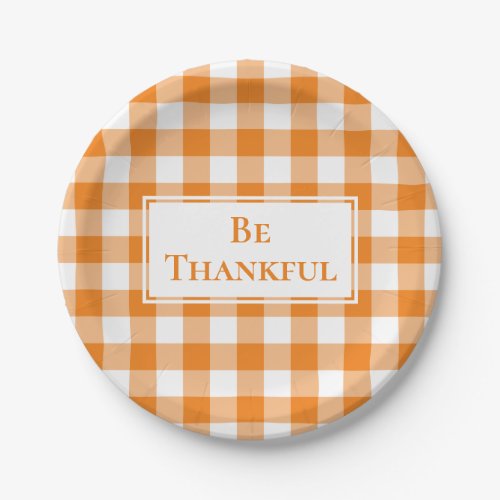 Thankful Orange White Gingham Plaid Thanksgiving Paper Plates