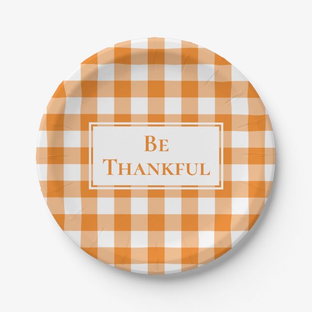 Thankful Orange White Gingham Plaid Thanksgiving Paper Plates (Front)