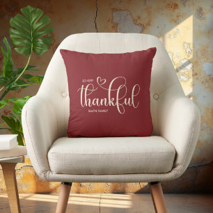 Thankful Personalized Family Name Burgundy Throw Pillow