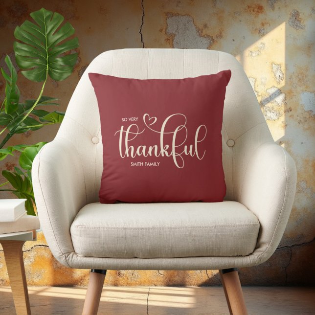 Thankful Personalized Family Name Burgundy Throw Pillow (Creator Uploaded)