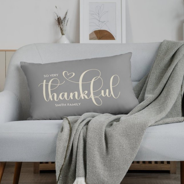Thankful Personalized Family Name Gray Lumbar Pillow (Creator Uploaded)