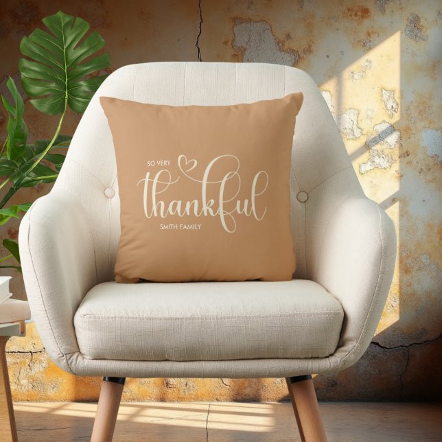 Thankful Personalized Family Name Orange Throw Pillow (Creator Uploaded)
