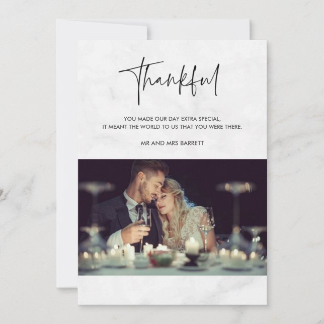 Thankful Photo Gray Marble Wedding Thank You Card (Front)