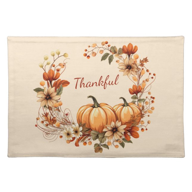 Thankful Pumpkin and Autumn Flowers Wreath Cloth Placemat (Front)