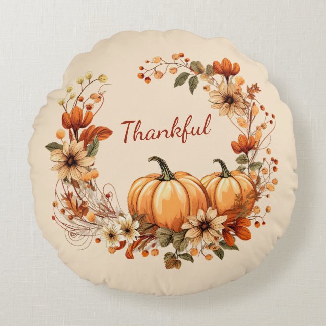Thankful Pumpkin and Autumn Flowers Wreath Round Pillow (Front)