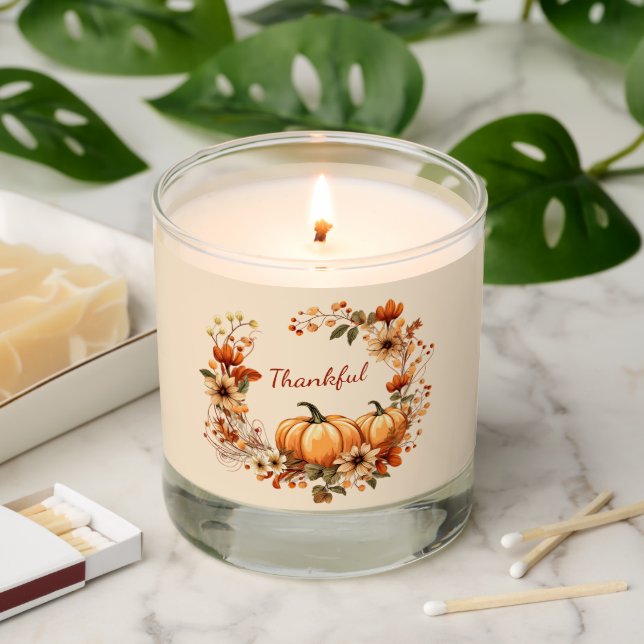 Thankful Pumpkin and Autumn Flowers Wreath Scented Candle (Lit)