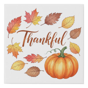 Thankful Pumpkin & Autumn Leaves  Faux Canvas Print