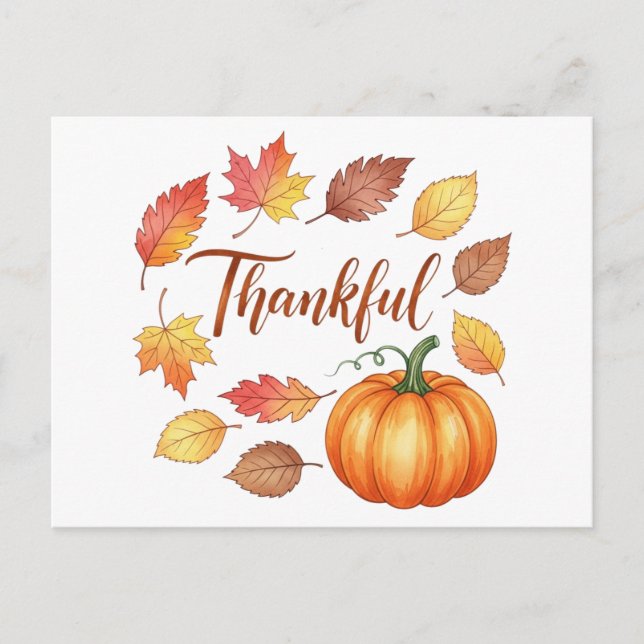 Thankful Pumpkin & Autumn Leaves  Holiday Postcard (Front)