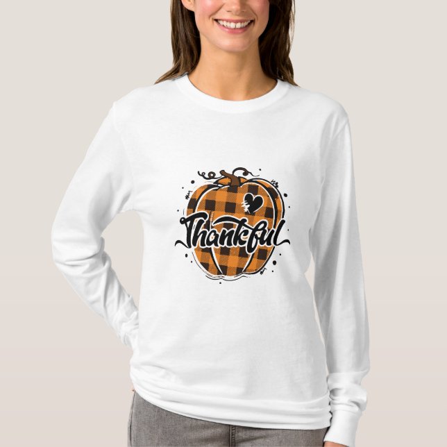 Thankful Pumpkin Buffalo Plaid T-Shirt (Front)