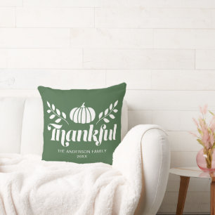 Thankful Pumpkin Custom Name thanksgiving Green Throw Pillow
