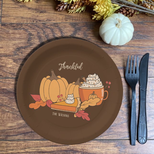 Thankful Pumpkin Everything Brown Paper Plate (Cute Thanksgiving dinner brown paper plates .Personalize them with your family's name if you wish .
)