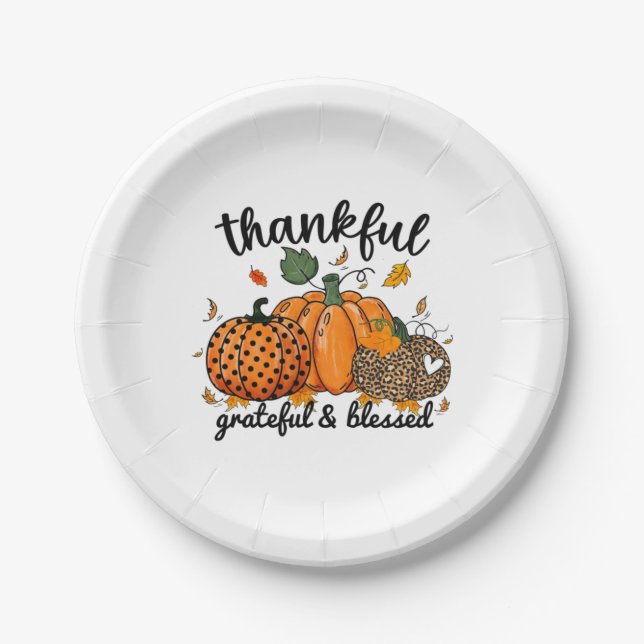 Thankful Pumpkin Grateful And Blessed  Paper Plates (Front)