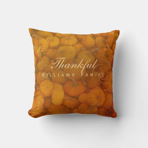 Thankful Pumpkin Harvest with Family Name Throw Pillow