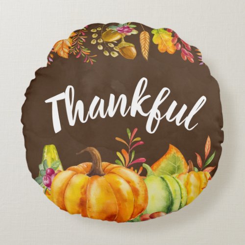 Thankful Pumpkins and Autumn Leaves Border Round Pillow