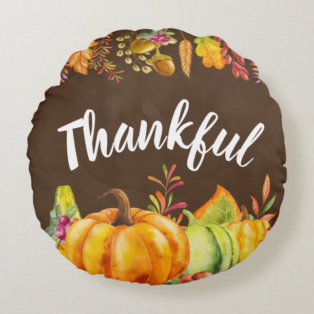 Thankful Pumpkins and Autumn Leaves Border Round Pillow (Front)