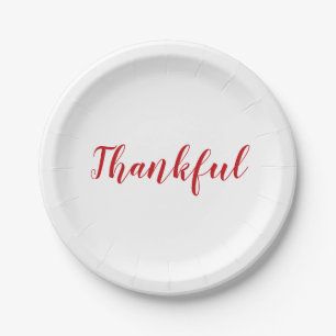 Thankful red and white script cute thanksgiving paper plates